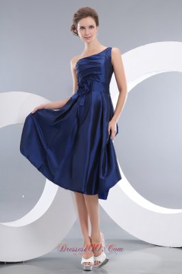 One Shoulder Navy Tea-length Hand Flower Homecoming Dress