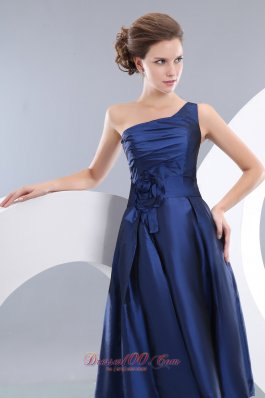 One Shoulder Navy Tea-length Hand Flower Homecoming Dress