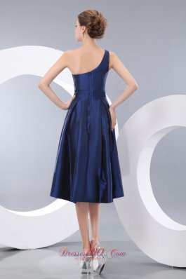 One Shoulder Navy Tea-length Hand Flower Homecoming Dress