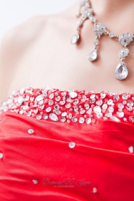 Red Taffeta Prom Dress Mini-length Strapless Beaded