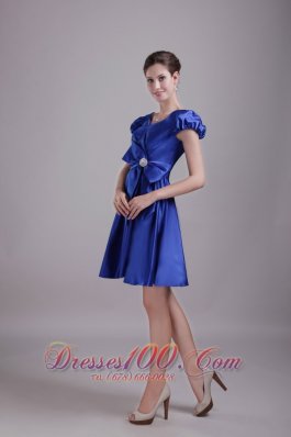 Cap Sleeves Blue Mini Bridesmaid Dress V-neck Beaded