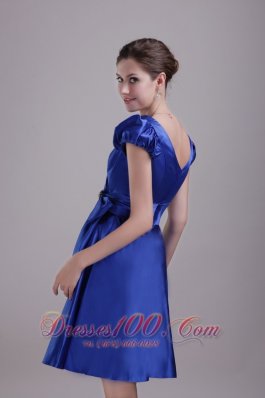 Cap Sleeves Blue Mini Bridesmaid Dress V-neck Beaded