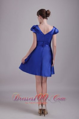 Cap Sleeves Blue Mini Bridesmaid Dress V-neck Beaded