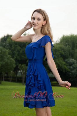 Mini-length One Shoulder Ruffled Blue Bridesmaid Dress