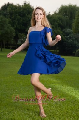 Mini-length One Shoulder Ruffled Blue Bridesmaid Dress