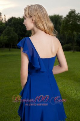 Mini-length One Shoulder Ruffled Blue Bridesmaid Dress