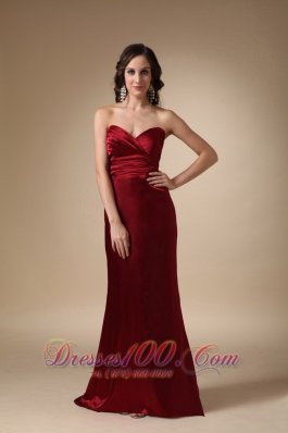 Wine Red Brush Train Evening Dress Satin Ruched