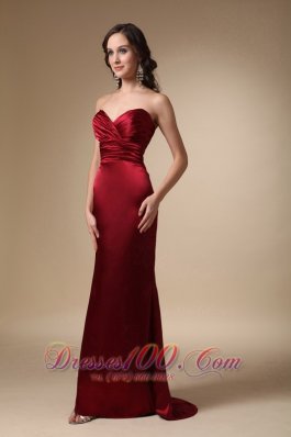 Wine Red Brush Train Evening Dress Satin Ruched