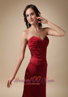 Wine Red Brush Train Evening Dress Satin Ruched