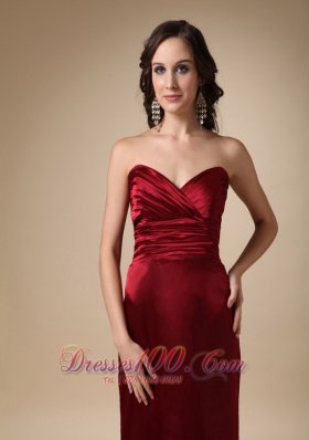 Wine Red Brush Train Evening Dress Satin Ruched