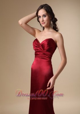 Wine Red Brush Train Evening Dress Satin Ruched