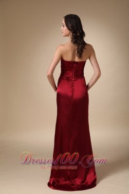 Wine Red Brush Train Evening Dress Satin Ruched