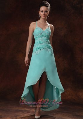 High-low Appliques Turquoise Spaghetti Straps Prom Dress