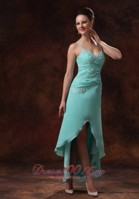 High-low Appliques Turquoise Spaghetti Straps Prom Dress