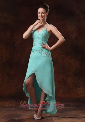 High-low Appliques Turquoise Spaghetti Straps Prom Dress