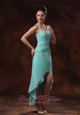 High-low Appliques Turquoise Spaghetti Straps Prom Dress