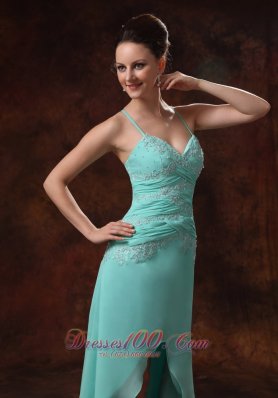 High-low Appliques Turquoise Spaghetti Straps Prom Dress