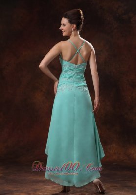 High-low Appliques Turquoise Spaghetti Straps Prom Dress