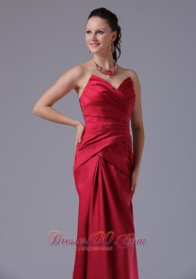 V-neck Ruched Wine Red Column Prom Dress Taffeta