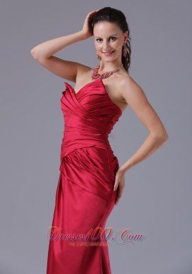 V-neck Ruched Wine Red Column Prom Dress Taffeta