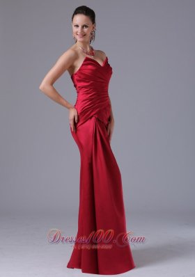 V-neck Ruched Wine Red Column Prom Dress Taffeta