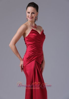 V-neck Ruched Wine Red Column Prom Dress Taffeta