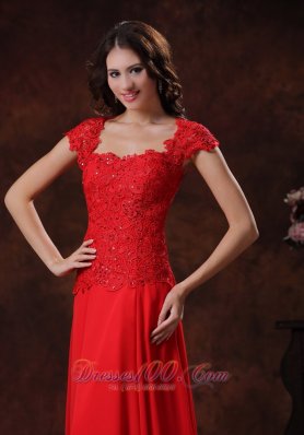 Square Cap Sleeves Red Prom Dress with Lacework
