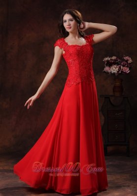Square Cap Sleeves Red Prom Dress with Lacework