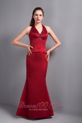 Mermaid Wine Red Satin Halter Bridesmaid Dress Beaded