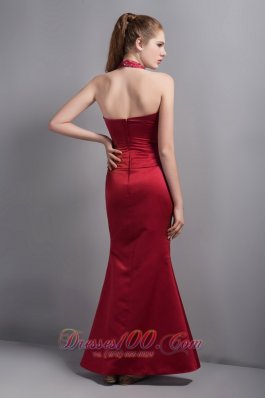 Mermaid Wine Red Satin Halter Bridesmaid Dress Beaded