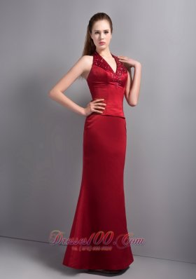 Mermaid Wine Red Satin Halter Bridesmaid Dress Beaded