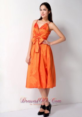 Spaghetti Straps Orange Tea-length Bow Bridesmaid Dress