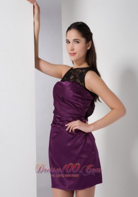 Bateau Mini-length Dark Purple Taffeta Bridesmaid Dress