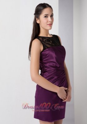 Bateau Mini-length Dark Purple Taffeta Bridesmaid Dress