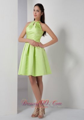 Knee-length High-neck Yellow Green Bridesmaid Dress