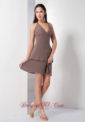 Chiffon A-line Mini-length Brown Bridesmaid Dress Halter