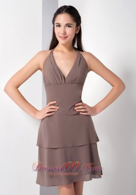 Chiffon A-line Mini-length Brown Bridesmaid Dress Halter