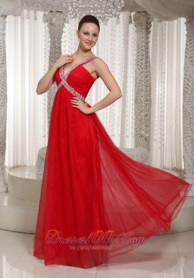 V-neck Red Chiffon Beading Decorate Prom Evening Dress