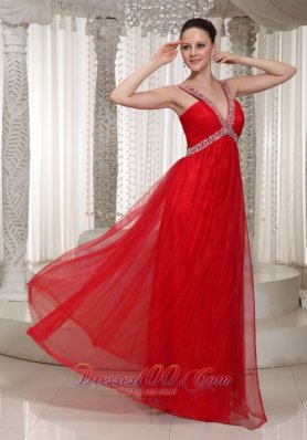 V-neck Red Chiffon Beading Decorate Prom Evening Dress
