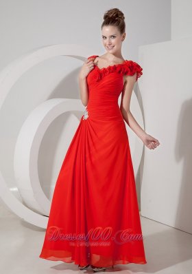 Chiffon V-neck Red Handmade Flower Evening Dress