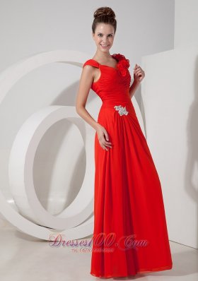 Chiffon V-neck Red Handmade Flower Evening Dress