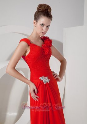 Chiffon V-neck Red Handmade Flower Evening Dress