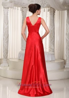 Wide Straps Red Prom Dress High-low Beaded V-neck