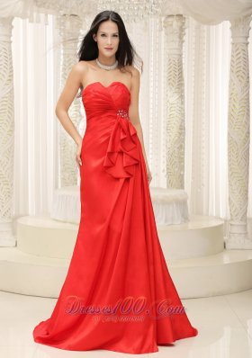 Ruched Brush Train Red Lace-up Prom Dress Ruffled