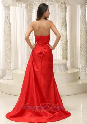 Ruched Brush Train Red Lace-up Prom Dress Ruffled