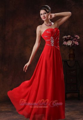 Chiffon Beaded Strapless Red Prom Dress 2013