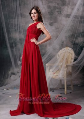 One Shoulder Brush Train Chiffon Red Evening Dress