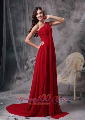 One Shoulder Brush Train Chiffon Red Evening Dress