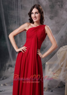 One Shoulder Brush Train Chiffon Red Evening Dress