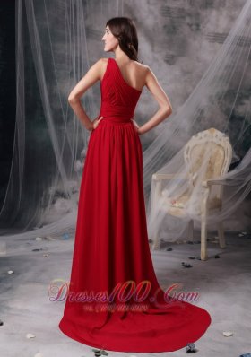 One Shoulder Brush Train Chiffon Red Evening Dress